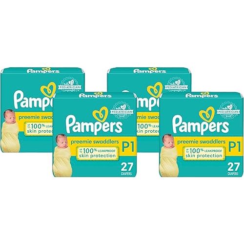 Pampers Swaddlers Diapers Preemie - Size P1, 27 Count, Ultra Soft Disposable Baby Diapers (Pack of 4)