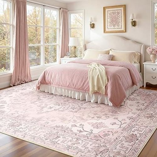 Area Rugs 8'x10' Washable Non-Slip, Floral Vintage Distress Print Pattern Medallion Carpet for Living Room Bedroom Dining Room, Pink Greypink Cute