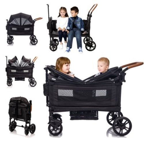 Lightweight Folding Wagon Stroller for 2 Kids, Adjustable Handle, Canopy, Tray Table, Cup Holder