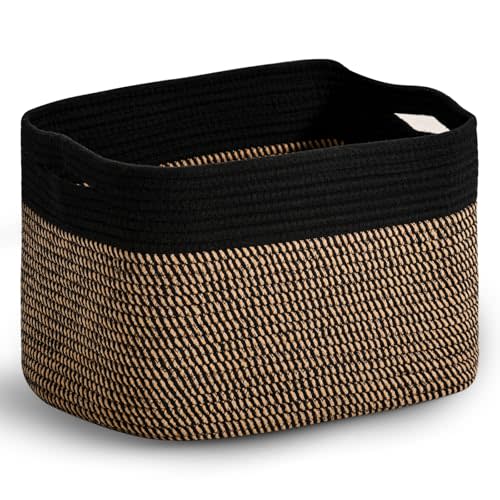 ICERZCZ Woven Cotton Rope Storage Basket for Organizing, Cute Decorative Baskets for Gifts Empty, Organizer Bins for Dog Toy, Baby Laundry, 15“×11”×9.5“, Jute & Black