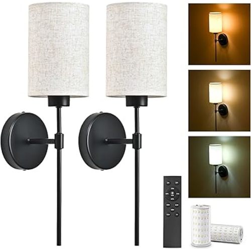 Battery Operated Wall Sconce Set of 2, White Fabric Shade Rechargeable Wall Lights with 2 * 5200mAh Magnetic Battery Bulbs, 3CCT Selectable, Dimmable Wireless Sconces for Bedroom Living Room Hallway