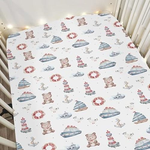 Sailor Bear Watercolor Baby Crib Sheets for Boy Girl 52x28Inch Bear Lighthouse Anchors Boats Soft Snug Fitted Crib Mattress Cover Coastal Nautical Life Baby Sheet for Standard Crib & Toddler Mattress
