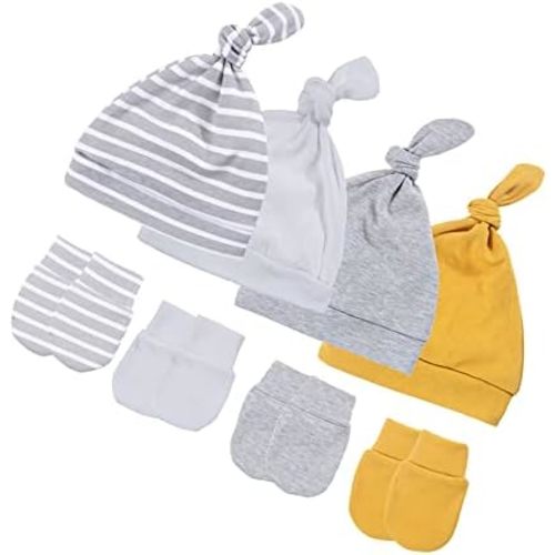 4 Sets Infant Beanies Caps with Scratch Mitten Pack Newborn Hospital Hats Mitten Set for Baby Girls Boys
