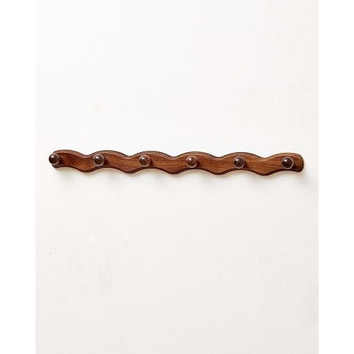 Wood Coat Rack Wall Mount - Walnut Coats Hook Hanger Wall-Mounted, Wave-Shaped Entryway Hanging Racks with 6 Hooks for Jacket Keys Hats Robes Towels Bags, Living Room Mudroom Bathroom Bedroom Hallway