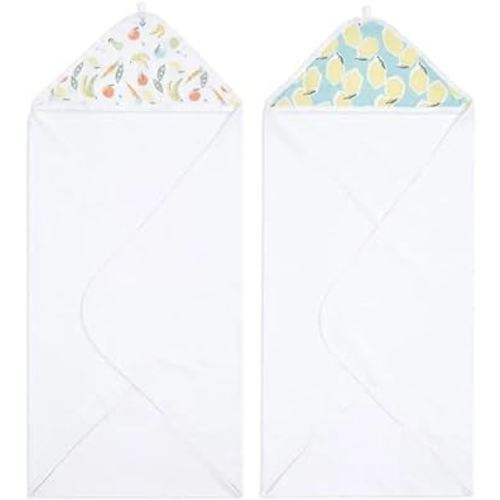aden + anais Essentials Hooded Baby Bath Towel, Super Soft 100% Cotton, 2 Pack, Farm to Table