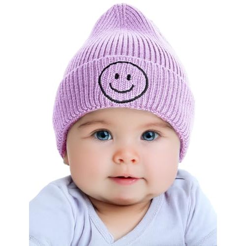 Funky Junque Baby Hats 0-12 Months Smiley Face Beanie, Warm Soft Knit Toddler Beanie Winter Cap for Infants Unisex