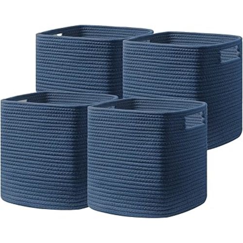 UBBCARE Set of 4 Storage Bins - 13 X 13 X 13 In, Cotton Rope Bins for Shelves, Toys, Books, Cube Storage with Handles, Woven Basket for Organizing, Navy Blue