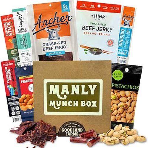 Manly Munch Box Jerky Gift Box, Curated Assortment of High Protein Snacks, Beef & Turkey Jerky Variety Pack Gift Set, Exotic Meat Gift for Men & Women