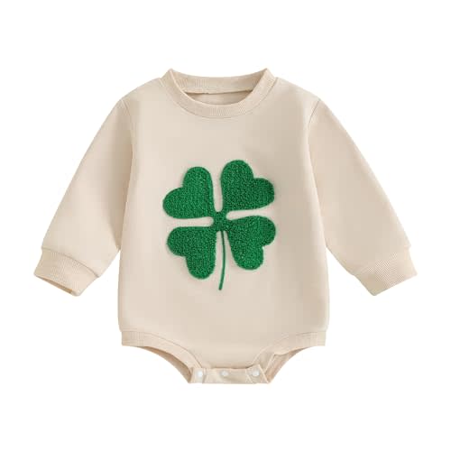 Lesimsam Newborn Baby Boy Girl St. Patrick's Day Outfit Clover Embroidery Sweatshirt Romper Oversized Long Sleeve Romper Top