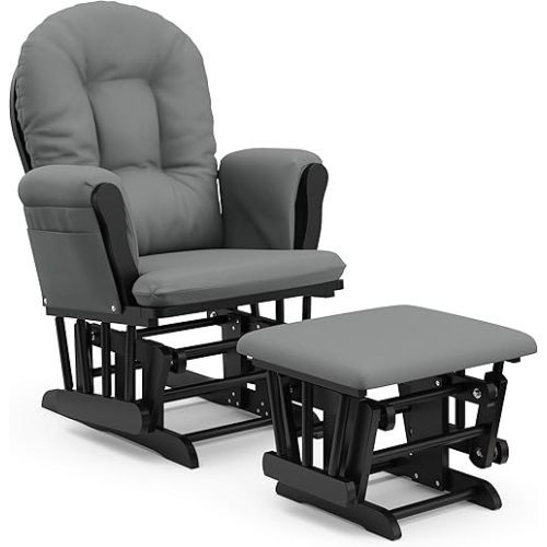 Storkcraft Premium Hoop Glider and Ottoman (Black Base, Gray Cushion) – Padded Cushions with Storage Pocket, Smooth Rocking Motion, Easy to Assemble, Solid Hardwood Base