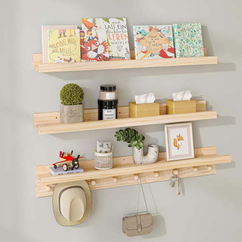 Wood Wall Shelf With Hooks Floating Shelves for Wall Bathroom Shelves Wall Mounted Nursery Floating Bookshelf for Kids Room Toy Storage Shelf for Bedroom Picture Frames Kitchen (Natural, 36 Inch)