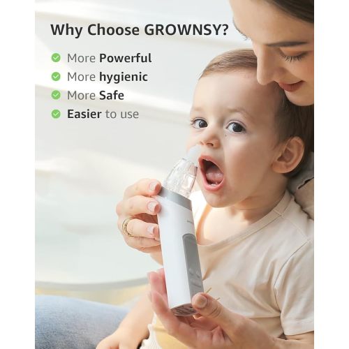 GROWNSY Nasal Aspirator for Baby, Baby Nose Sucker Pro with 3 Soft Silicone Tips, Adjustable Suction, Electric Nose Suction for Baby, Built-in Music & Light Soothing - Grey