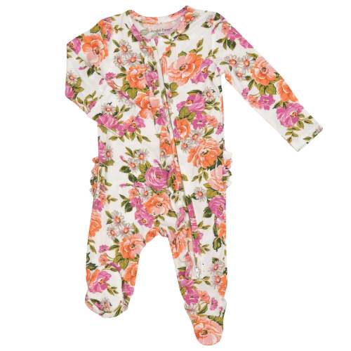 2-Way Zip Ruffle Footie, Wild Rose Floral Pink