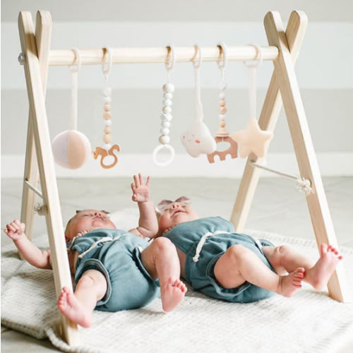 Wooden Baby Gym with 6 Gym Toys, Foldable Baby Play Gym, Natural Pine Wood Play Gym, Frame Activity Center Hanging Bar, Wooden Play Gym