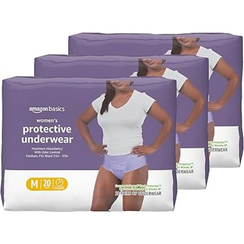 Amazon Basics Incontinence Underwear for Women, Protective, Disposable, Postpartum, Maximum Absorbency, Medium, Lavender, 60 Count (3 Packs of 20)