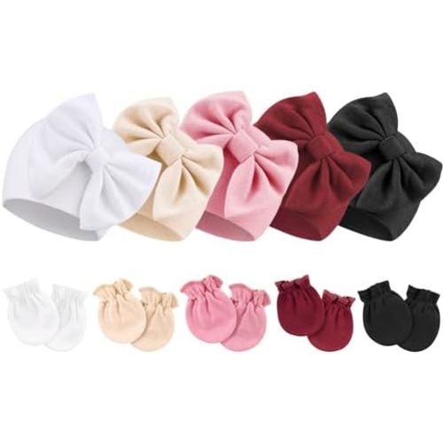 BQUBO Newborn Baby Girls Hats Mittens Set Hospital Hat Beanie Infant Bow Hats Baby Cotton Gloves for 0-6 Months