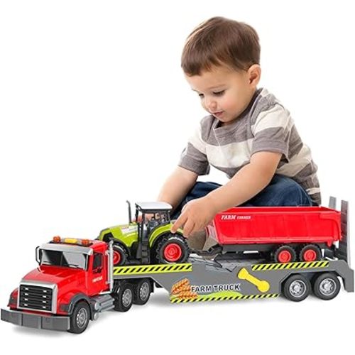 Farm Semi Trailer Truck Toy, Large Flatbed Truck Carrier with Hauls Animal Trailer and Tractor, Lights and Sounds, Birthday for Kids Boys Age 3 4 5 6+