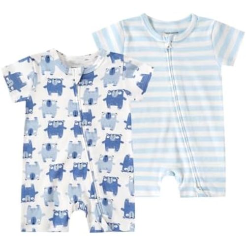 Teach Leanbh Unisex Baby 2 Pack Pajamas Cotton Short Sleeve 2 Way Zipper Printing Soild Romper Jumpsuit Sleep and Play
