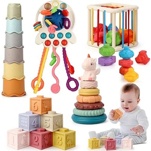 Montessori Baby Toys 6-12 Months, Pull String Teether Stacking Blocks Rings Cups Sensory Shapes Storage Bin, 5 in 1 Infants Toddlers Toy Gifts for 1 2 3 Year Old Boys Girls - Baby Sensory Toys Set