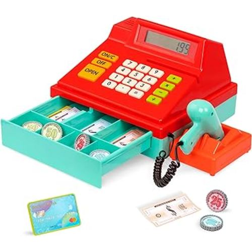 Battat – Toy Cash Register For Kids, Toddlers – 49Pc Register With Toy Money, Credit Card, Scanner– Pretend Play Toy – 3 Years + – Red Calculating Cash Register With Scanner