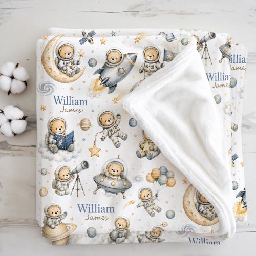 Custom Space Baby Blanket Teddy Bear Galaxy Rocket Nursery Custom Baby Blanket Born Baby Gift Outer Space Blanket Astronaut Baby Boy Blanket