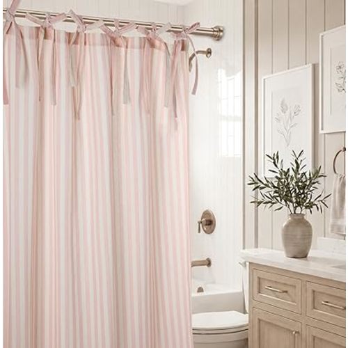 Pink Striped Shower Curtain Hookless Cotton Blend Washable for Bathrooms Bedrooms Classrooms Offices and More Standard 72X72 Inches