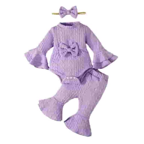 Kucnuzki Newborn Baby Girls Winter Outfits 0-3 Months Warm Clothing Sets Long Sleeves Romper Bowknot Solid Color Pullover Top Flared Pants with Headband 3pcs Pant Sets Purple