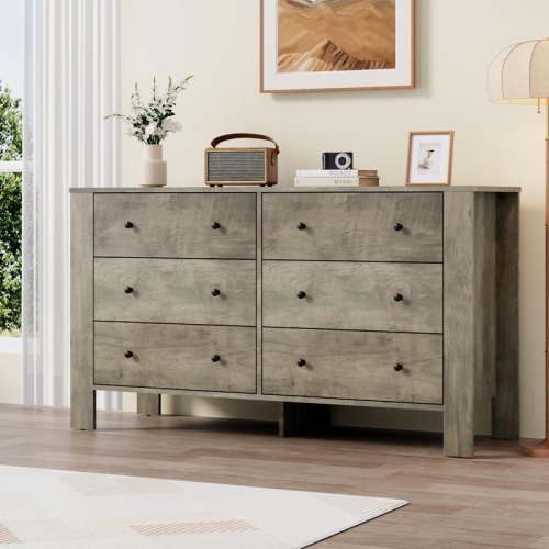 TROPOW 6 Drawer Dresser for Bedroom, Modern Wide Dresser Organizer with Storage Drawers, Wooden Chests of Drawers for Bedroom, Entryway, Hallway, Home Office