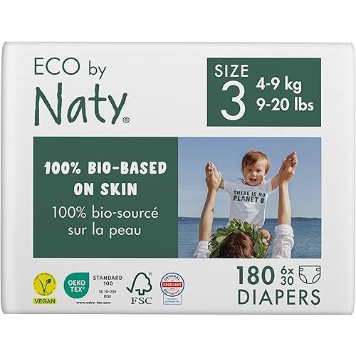Eco by Naty Eco-Friendly Baby Diapers - 100% Plant-Based Materials on Skin, Soft, for Sensitive Skin & Super Absorbent (Size 3, 180 Count)