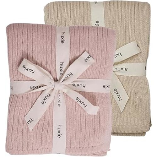 Knitted Organic Cotton Baby Blanket- Swaddle Blanket, 30" x 40" Soft Receiving Blanket for Newborn 2-Pack (Fog and Blush)