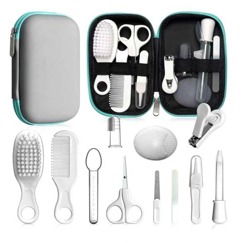 Baby Grooming Kit - Nursery Essentials Baby Registry Shower Gift for Newborns, Infants, Toddlers, Boys, Girls Kids-Safety Baby Comb, Brush, Finger Toothbrush, Nail Clippers, Scissors (Grey White 12 in 1)
