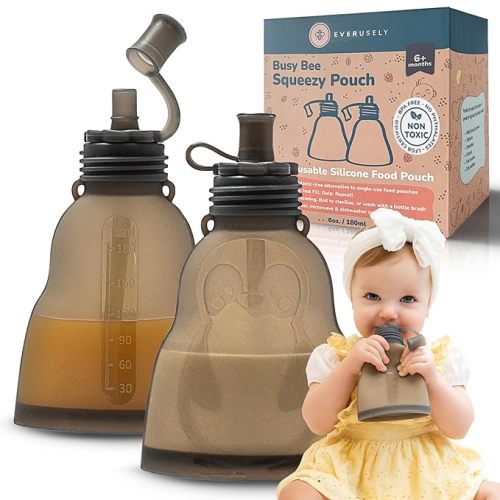 Everusely Leakproof Silicone Reusable Baby Food Pouches, BPA-Free, Dishwasher Safe, Spill-Proof Baby Food Pouches Refillable, Reusable Pouches for Toddlers, Reusable Applesauce Pouches - Slate