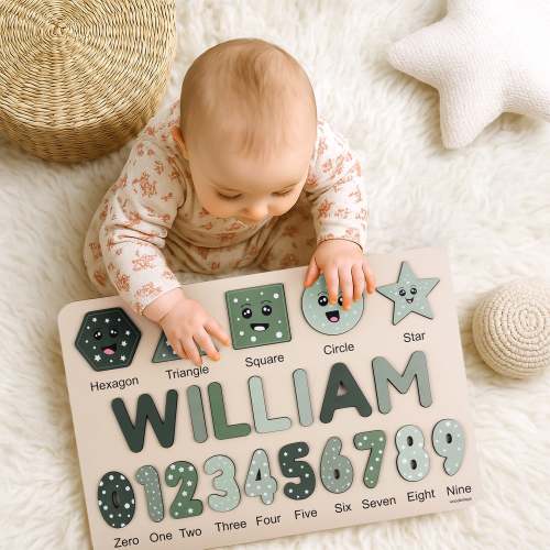 Green Number Puzzles - Personalized Wooden Name Puzzle & Shapes