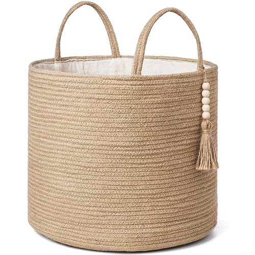 Mkono Woven Storage Basket Decorative Natural Rope Basket Wooden Bead Decoration for Blankets,Toys,Clothes,Shoes,Plant Organizer Bin with Handles Living Room Home Decor, Jute, 16" W × 13.8"L