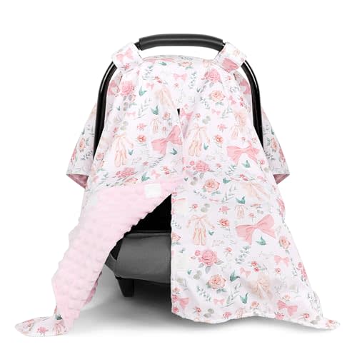 Baby Car Seat Cover, Soft Minky Warm Winter Car Seat Canopy for Infants & Toddlers, Opening with Adjustable Strap, Breathable Nursing Cover & Stroller Blanket, Pink Flowers (Fits Most Car Seats)