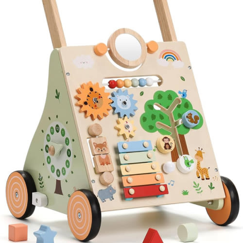 SainSmart Jr. Wooden Baby Walker, Adjustable Height and Speed Baby Push Walker, Montessori Activity Center for 6-12 Months, Push Walking Toys for 1 Year Old Boys Girls Learning to Walk, Animal Theme