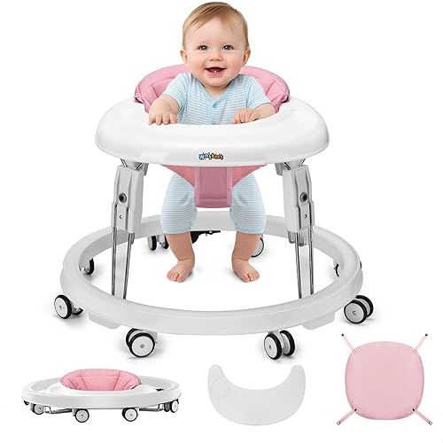 Wnttmt Baby Walker with Wheels, One-Touch Folding Portable Baby Walkers with Height Adjustment, Large Dinner Plate and Brake, Walker for Baby Boy Girls 6-18 Months, Pink