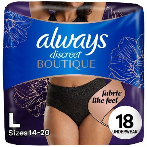 Always Discreet Boutique Adult Postpartum Incontinence Underwear for Women - Black - Large - 18ct