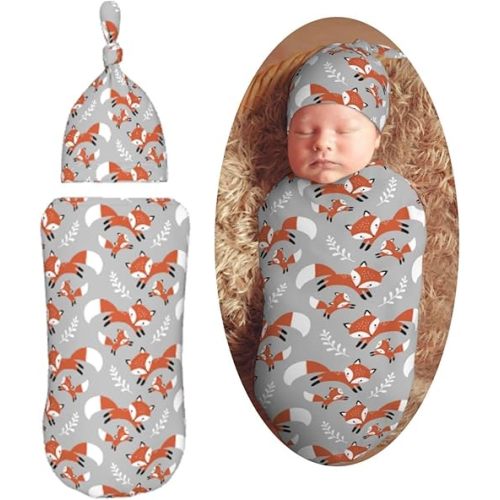 Cute Foxes Leaves Gray Newborn Swaddle Blankets Hat Sets Soft Baby Receiving Blanket Swaddle Sack for Baby Shower Infant Boy Girl Gift