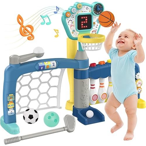 Toddler Sports Toys, 5-in-1 Toddler Basketball Hoop Soccer Bowling Baseball Golf Activity Center, 1 2 3 Year Old Boys Girls Toy, Toys for Toddlers & Baby