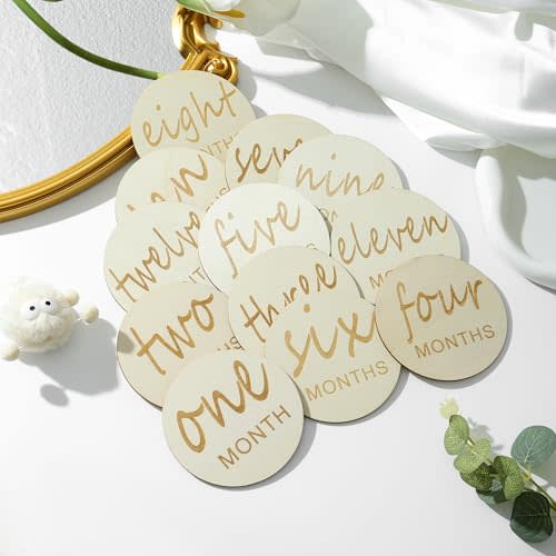 12 Packs Wooden Baby Monthly Milestone Cards, Baby Monthly Milestones for Newborn Baby Gifts,1-12 Months Wooden Discs with Baby Announcement Sign, Pregnancy Baby Shower Gifts for Christmas New Year