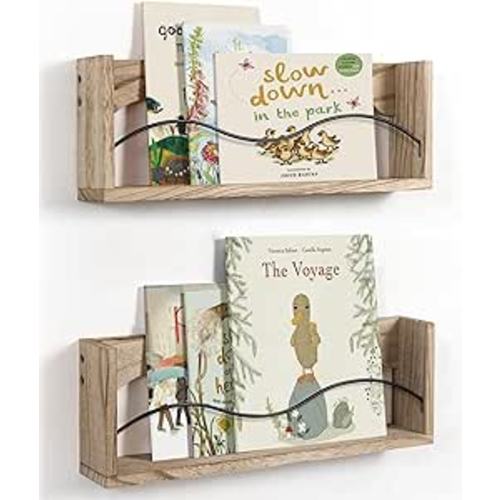 Sapowerntus Nursery Shelves for Wall, Wood Bookshelf Magazine Holder Kids Baby Room Shelf Organizer Nursery Decor, Rustic Vinyl Record Rack with Curve Rail Wave Design, Set of 2