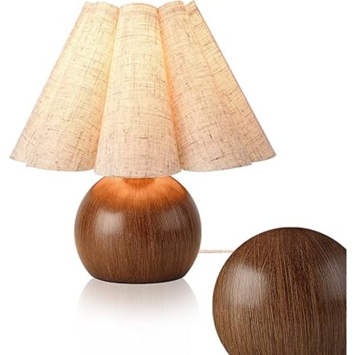 Farmhouse Cute Table Lamp for Bedroom & Living Room - Wood Grain, Vintage Style with Scalloped Shade