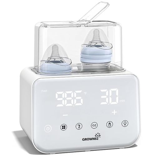 Baby Bottle Warmer, Grownsy 10-in-1 Fast Bottle Warmer Accurate Temp Control, with LCD Display, Timer, Defrost, Sterili-zing, Keep 24H, Double Bottle Warmer for Breastmilk& Formula, Heat Baby Food - White-updated