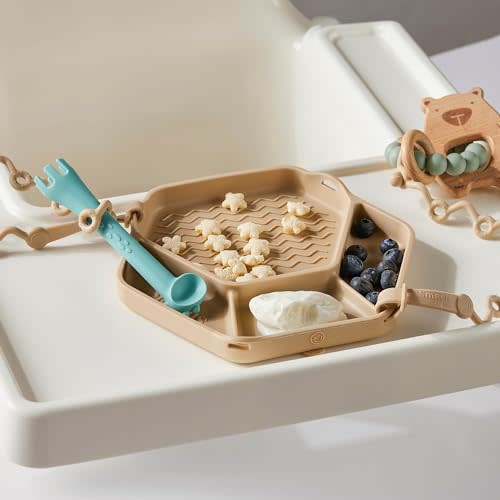 Smack Fun - The Original All-in-one Suction Plates + Safety Toy Straps - Silicone Suction Plates for Toddlers + Baby - First Foods + Self-Feeding. Comes with 2 Straps (Shifting Sand)