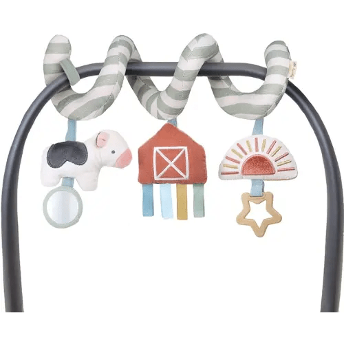 Itzy Ritzy Spiral Car Seat & Stroller Activity Toy - Stroller & Car Seat Toys for Ages 0 Months and Up - Hanging Toys Include Dangling Ring, Mirror and Textured Ribbons (Farm)