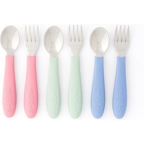 Elk and Friends Kids Silverware with Silicone Handle | Childrens Safe Flatware | Toddler Utensils | Baby Spoons + Forks | Stainless Steel Cutlery