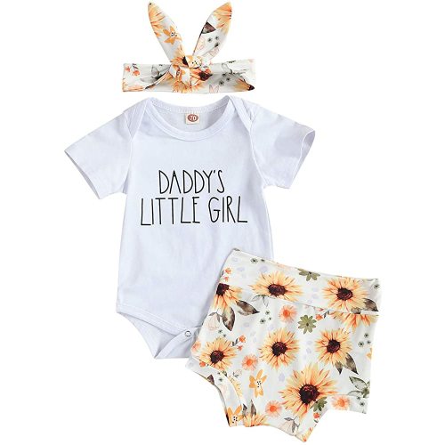 Newborn Infant Baby Girl Daddys Little Girl Short Sleeve Romper Tops Sunflower Shorts Pants Headband Summer Outfits