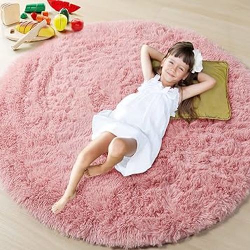 ONASAR Baby Pink Round Area Rug 4x4, Soft Bedroom Circle Rugs Mats for Kids Girls Teen Room, Kawaii Fluffy Plush Shaggy Carpet for Baby Nursery Living Room Playroom Home Decor Princess Castle