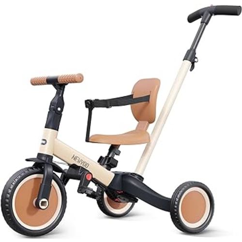 newyoo Toddler Tricycle with Push Handle for 1-3 Year Old, Toddler Bike, Birthday Toy for Boys and Girls, 5 in 1 Kids Trike, Balance Bike with Backrest and Safety Belt, Khaki, TR007